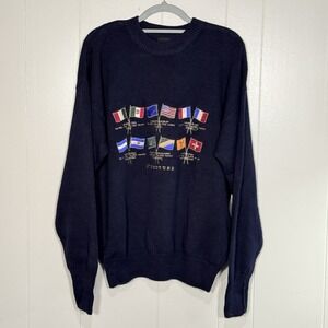 Vintage Structure Sweater Men L Navy Embroidered World Mountain Peaks Flags 90s